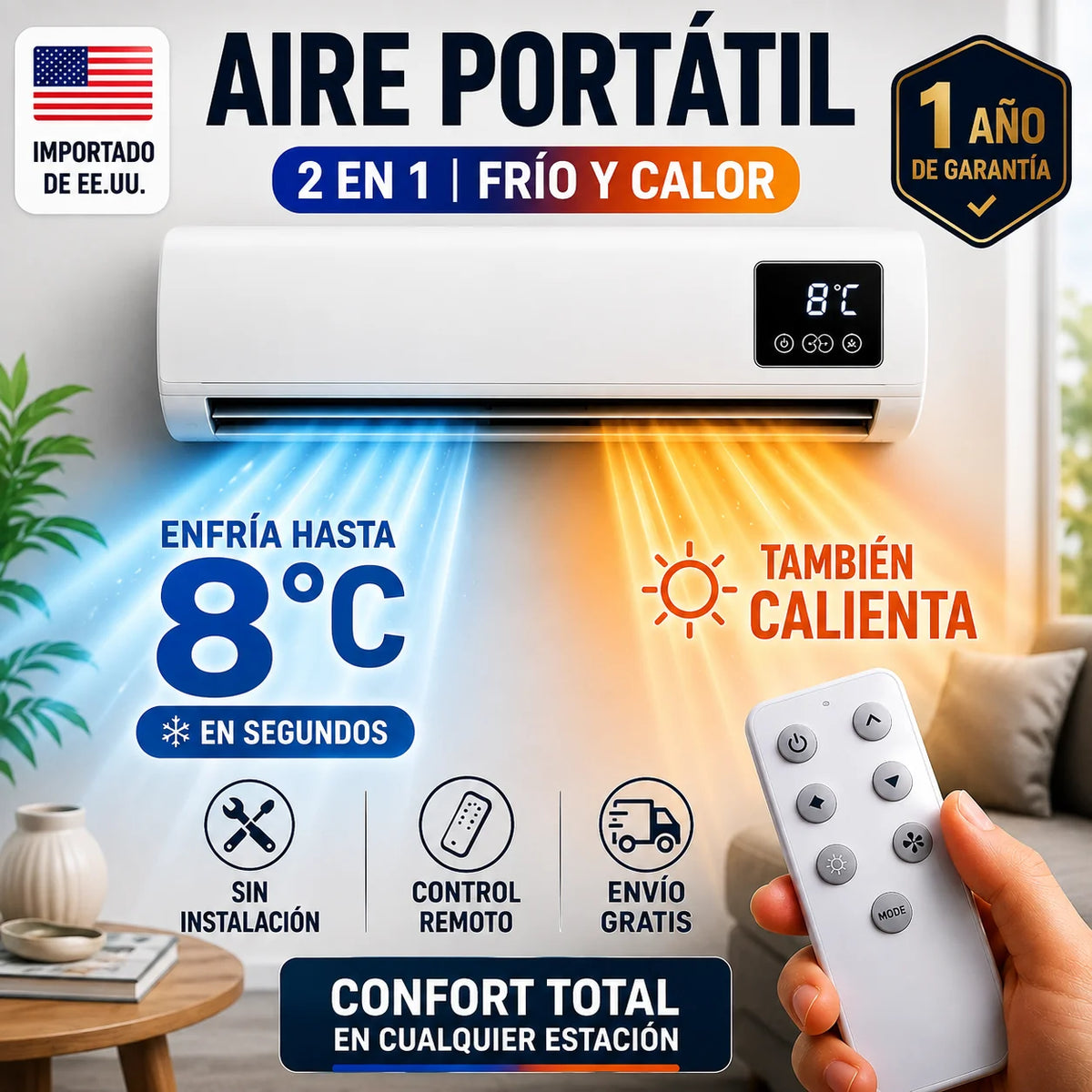 Aire Portátil 2 en 1 | Enfría hasta 8°C + Calienta | 1 Año de Garantía 🇺🇸